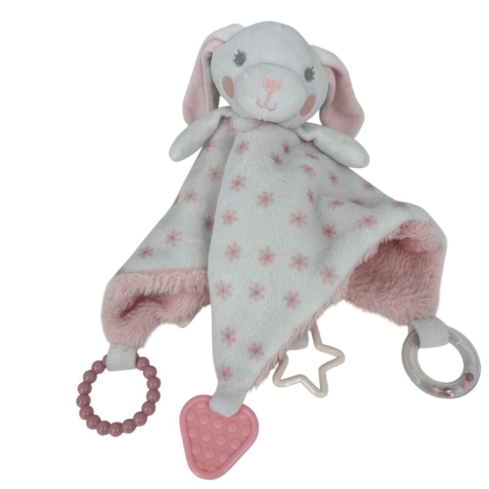 DreamGro Bunny Rabbit Lovey White Pink Rattle Security Blanket Toy 13 Inch